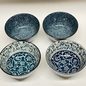 Chengs Blue and Cream Karakusa Rice Bowls Set for 4